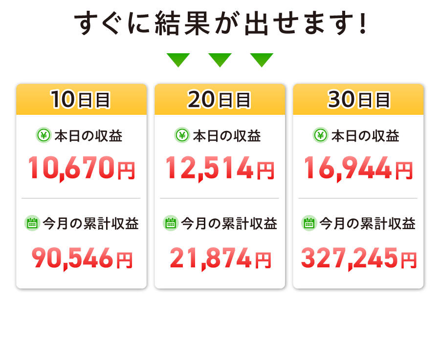 すぐに結果が出せます！10日目 本日の収益10,670円／20日目 12,514円／30日目 16,944円